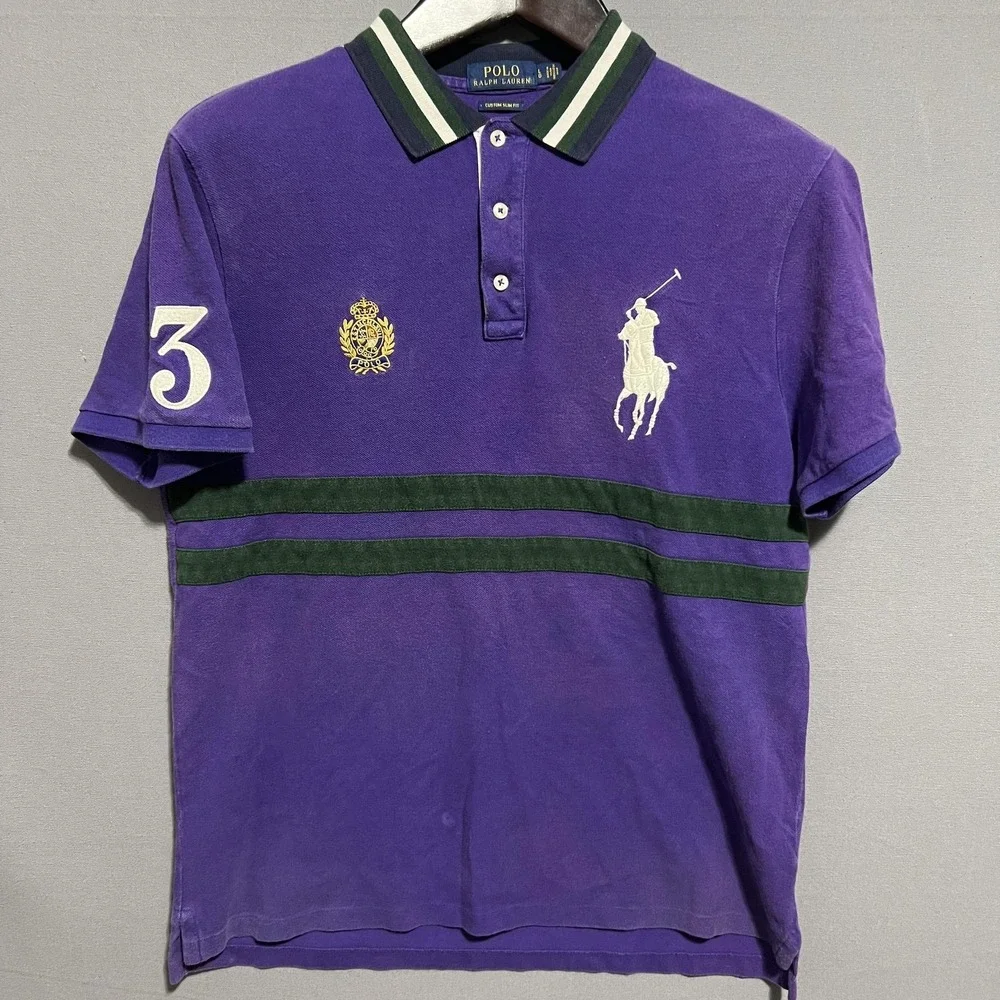 Polo Ralph Lauren Polo Shirt Mens L Purple Custom Slim Fit Big Pony 3 Striped
